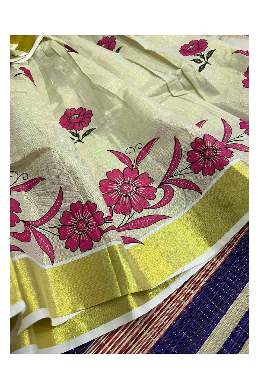 Kerala Tissue Stitched Dhavani Set with Blouse Piece and Neriyathu in with Magenta Accents and Mural Designs