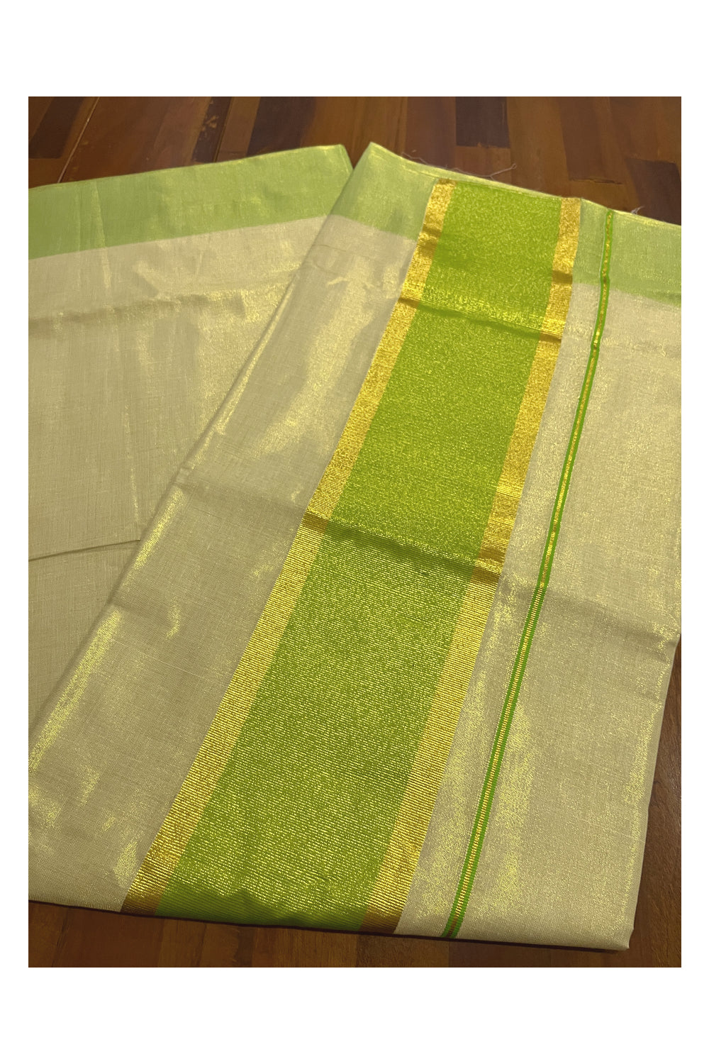 Kerala Tissue Kasavu Plain Saree with Green and Kasavu Border