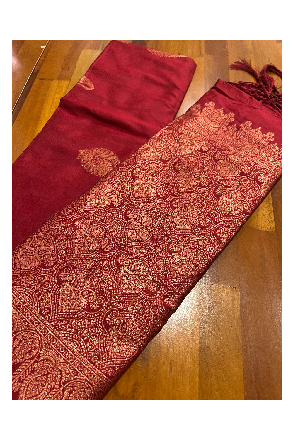 Southloom Red Semi Silk Designer Saree with Copper Kasavu Woven Works on Body