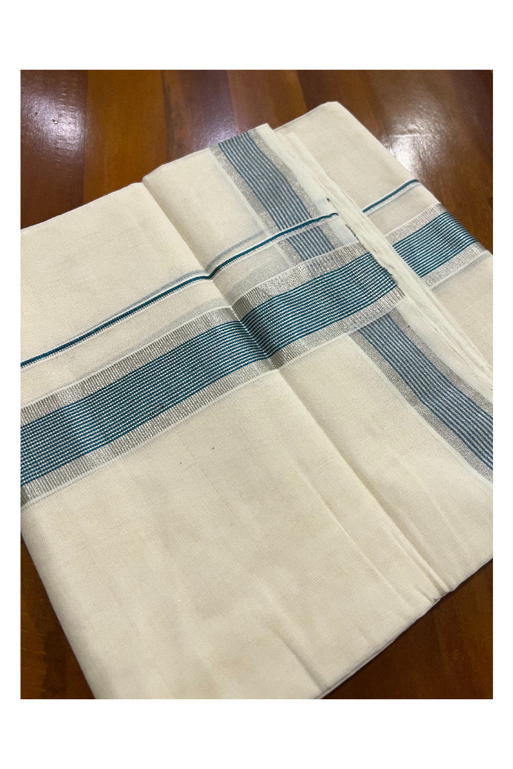 Southloom Kuthampully Handloom Pure Cotton Mundu with Silver and Light Blue Kasavu Border (South Indian Dhoti)