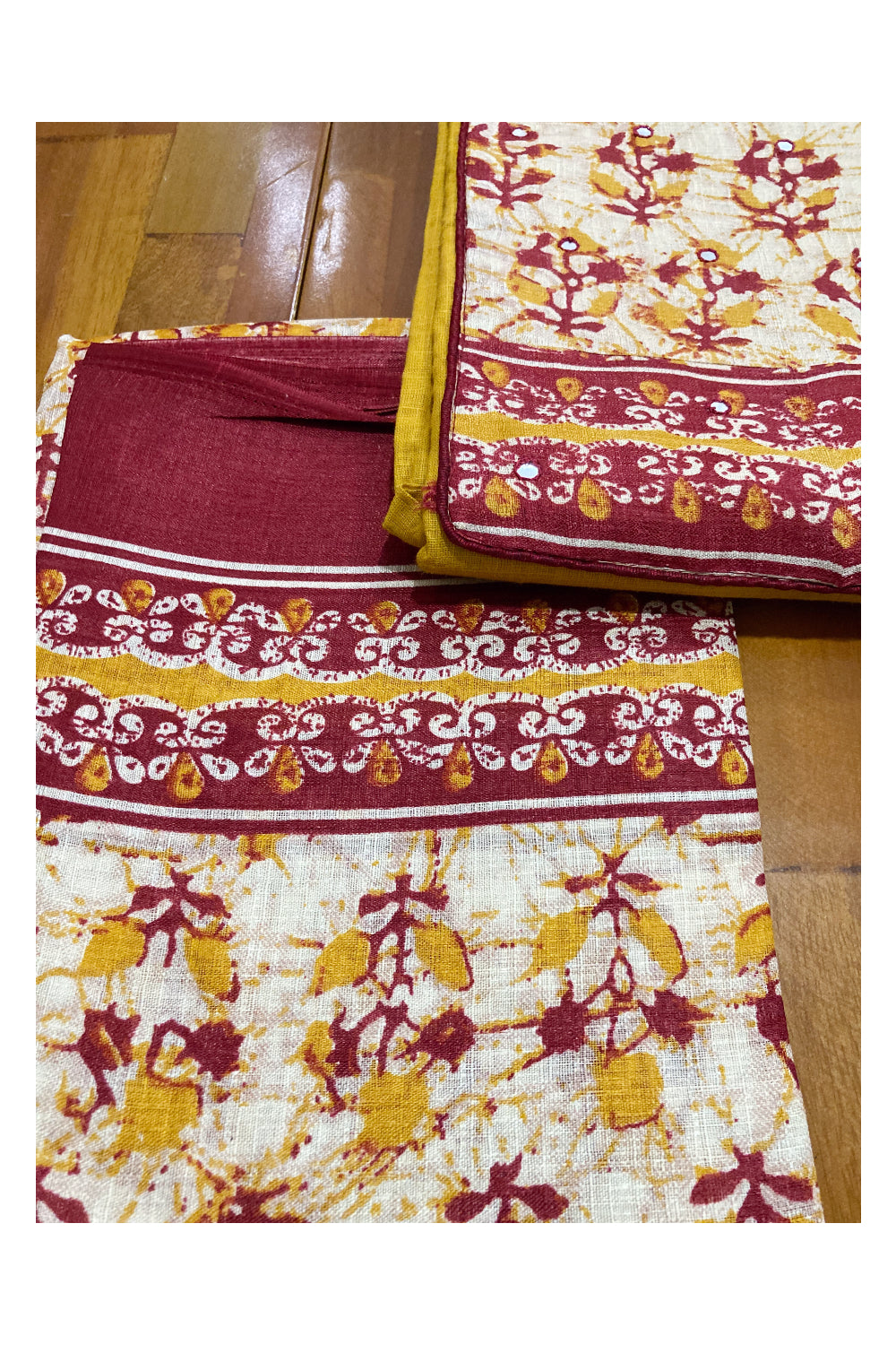 Southloom™ Cotton Churidar Salwar Suit Material in Yellow and Printed Mirror Work on Yoke Portion