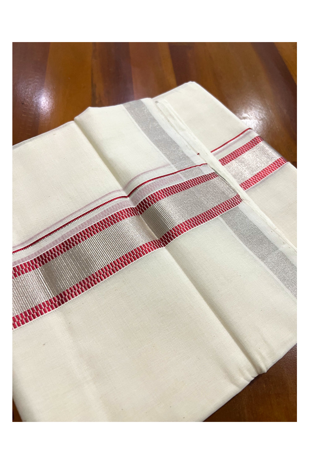 Southloom Premium Handloom Pure Cotton Mundu with Silver and Dark Red Kasavu Designer Border (South Indian Dhoti)