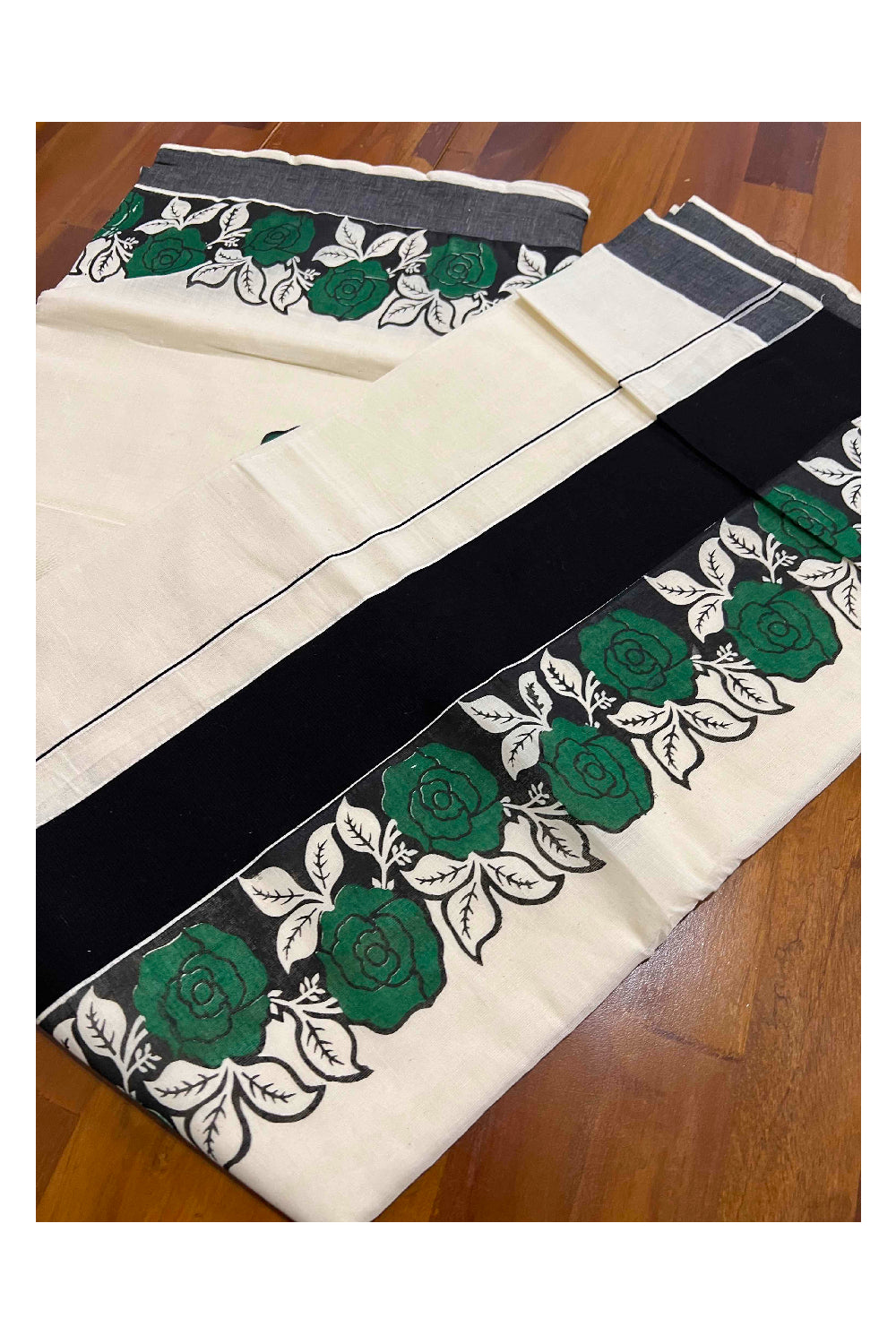 Pure Cotton Kerala Saree with Black and Green Floral Block Printed Border