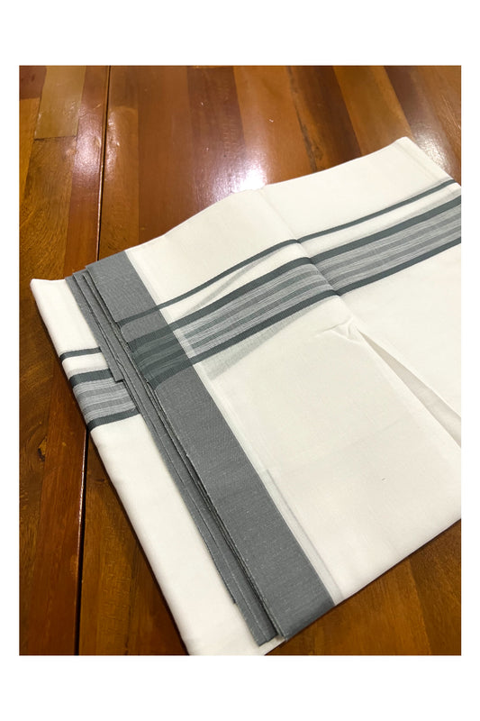 Pure White Cotton Double Mundu with Grey Border (South Indian Dhoti)