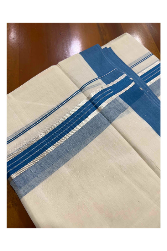 Off White Kerala Double Mundu with Silver Kasavu and Blue Border (South Indian Dhoti)