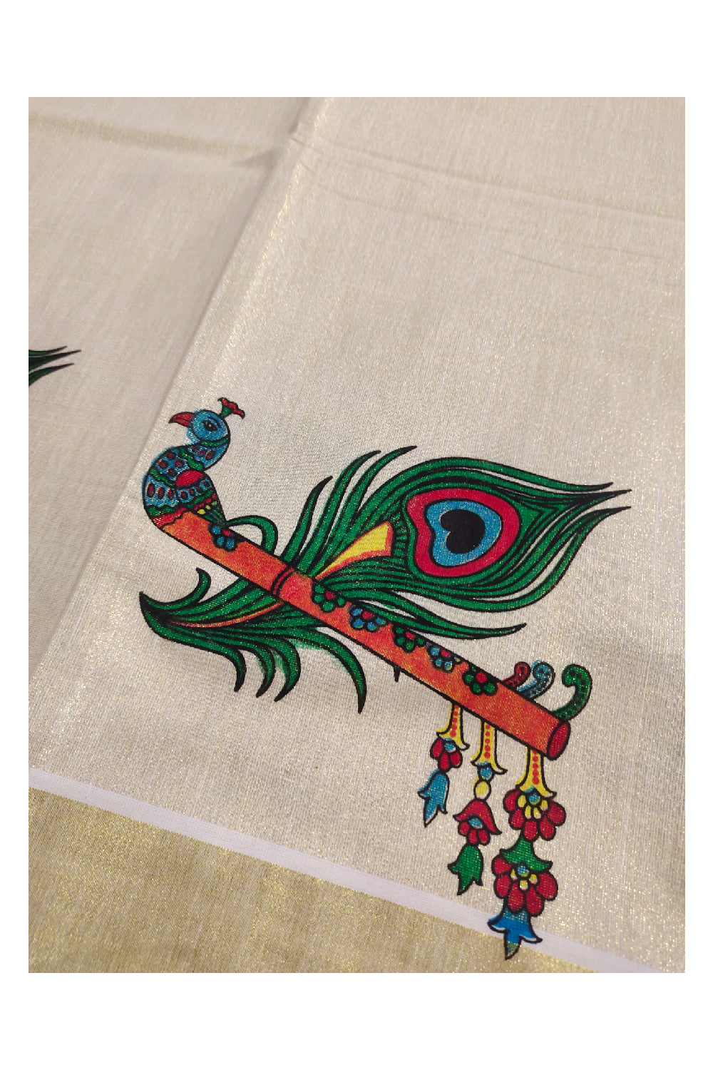 Kerala Tissue Kasavu Onam Saree With Mural Peacock Feather and Flute Design