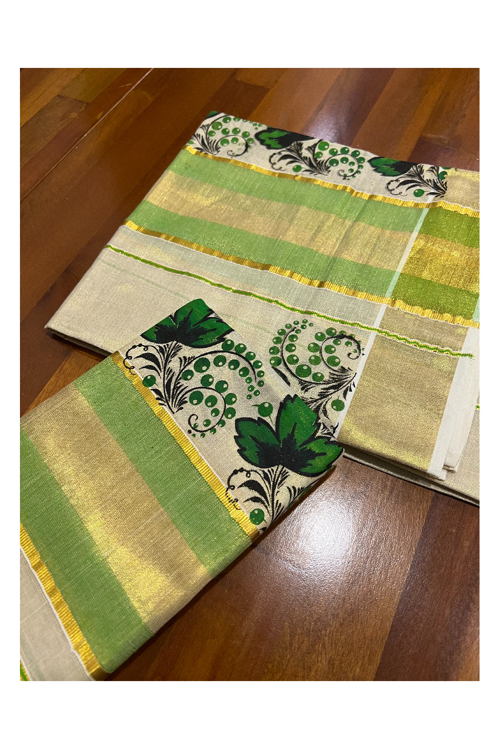 Kerala Tissue Kasavu Set Mundu (Mundum Neriyathum) with Green Floral Block Prints on Border 2.80 Mtrs