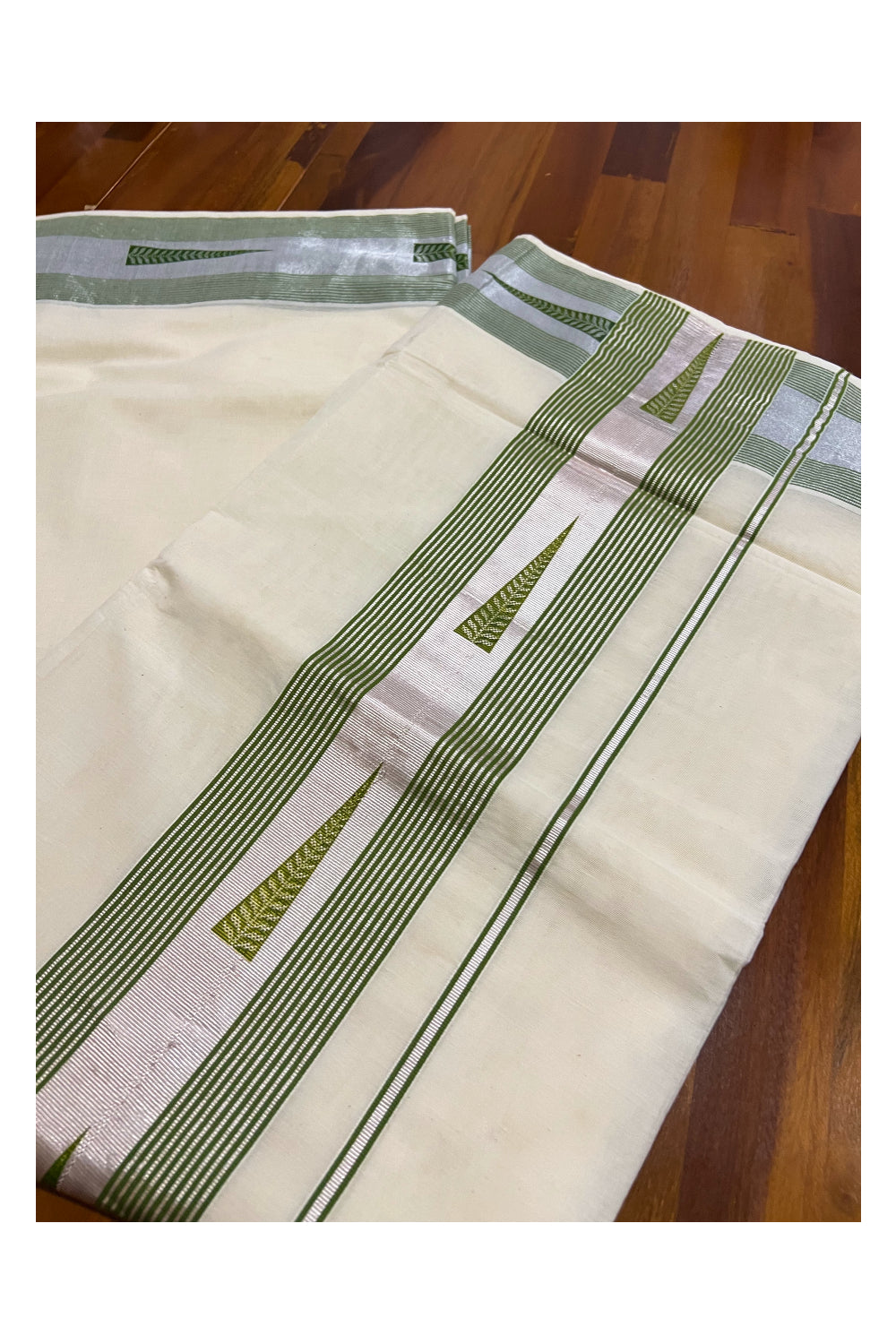 Pure Cotton Kerala Silver Kasavu and Light Green Border Saree with Light Green Block Prints