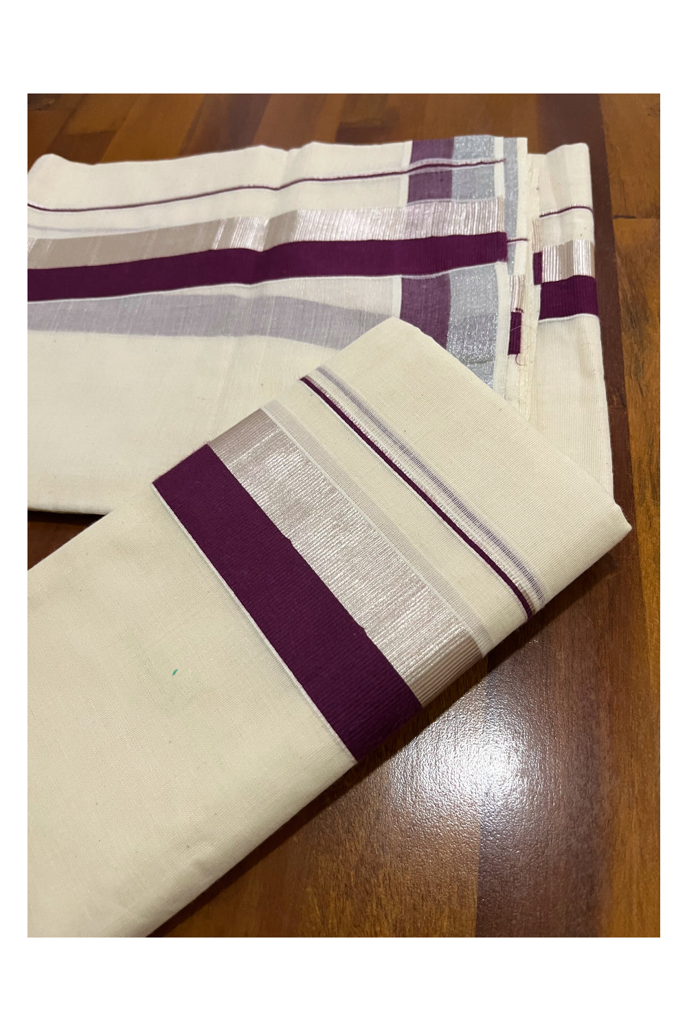 Pure Cotton Kerala Single Set Mundu (Mundum Neriyathum) with Purple and Silver Kasavu Border 2.80 Mtrs