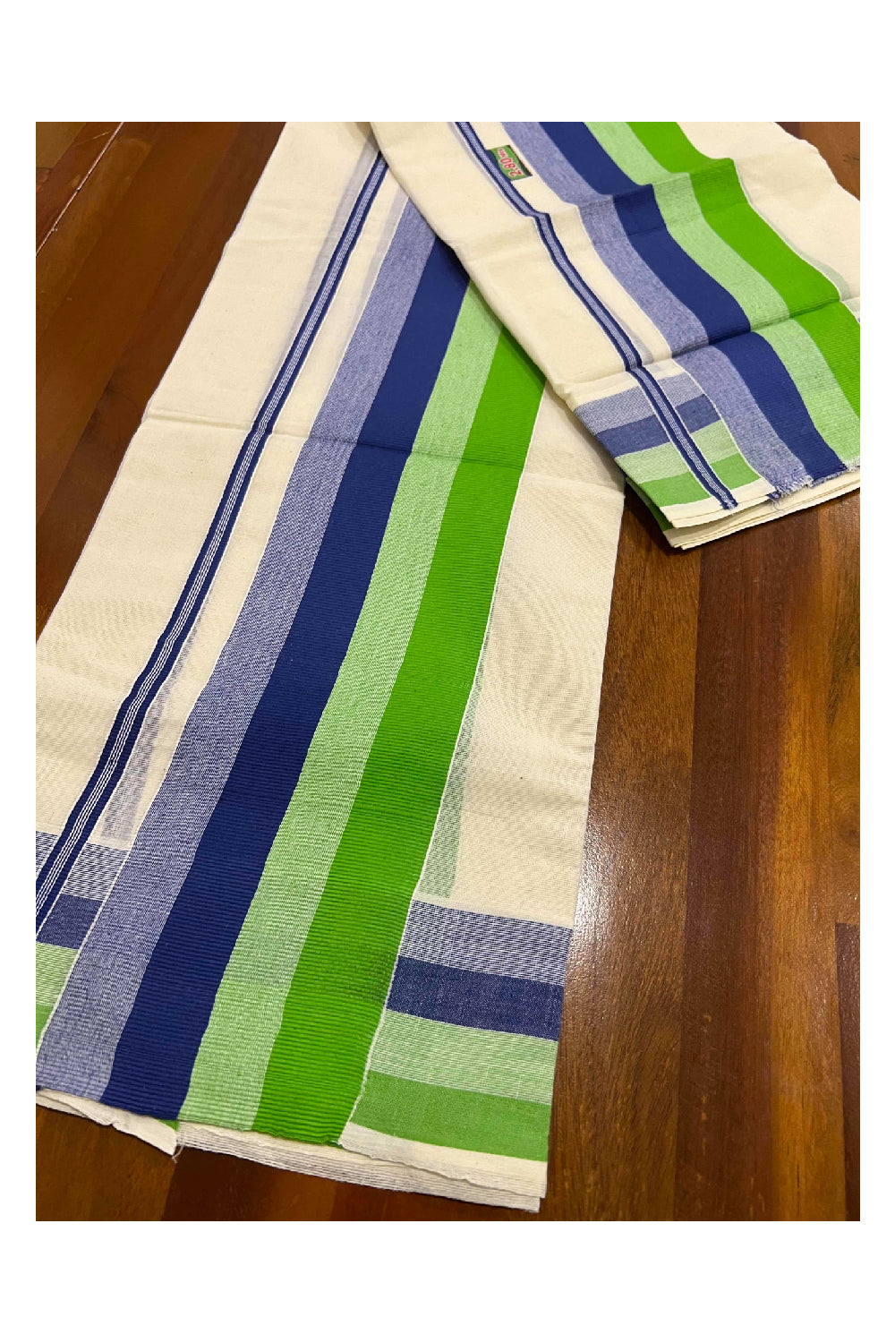 Kerala Cotton Mundum Neriyathum Single (Set Mundu) with Green and Blue Lines Border 2.80 Mtrs