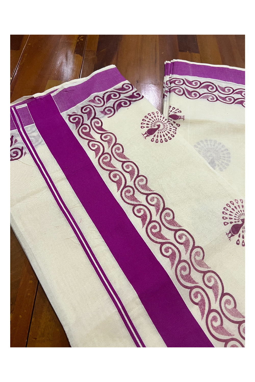 Pure Cotton Kerala Saree with Magenta Peacock Block Printed Design