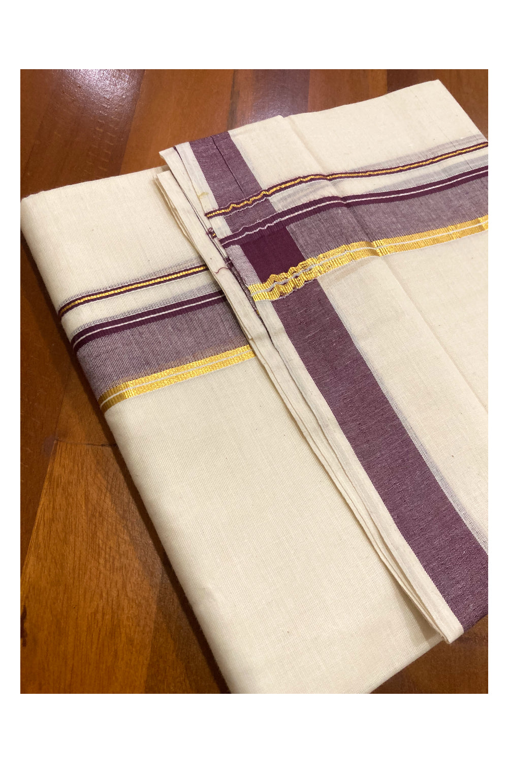 Off White Pure Cotton Double Mundu with Kasavu and Purple Border (South Indian Dhoti)