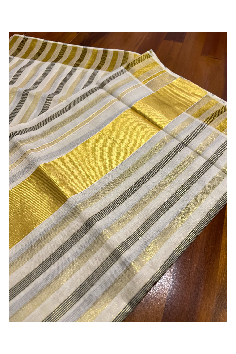 Kerala Cotton Kasavu and Black Lines Work Saree with 3 inch Kasavu Border