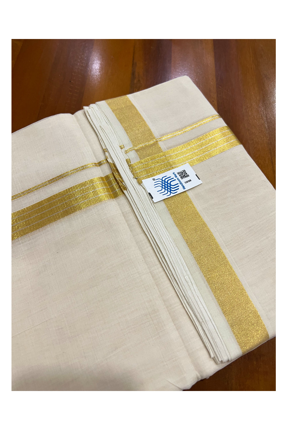 Southloom Super Premium Unakkupaavu Handloom Double Mundu with Silver Lines on Golden Kasavu Border