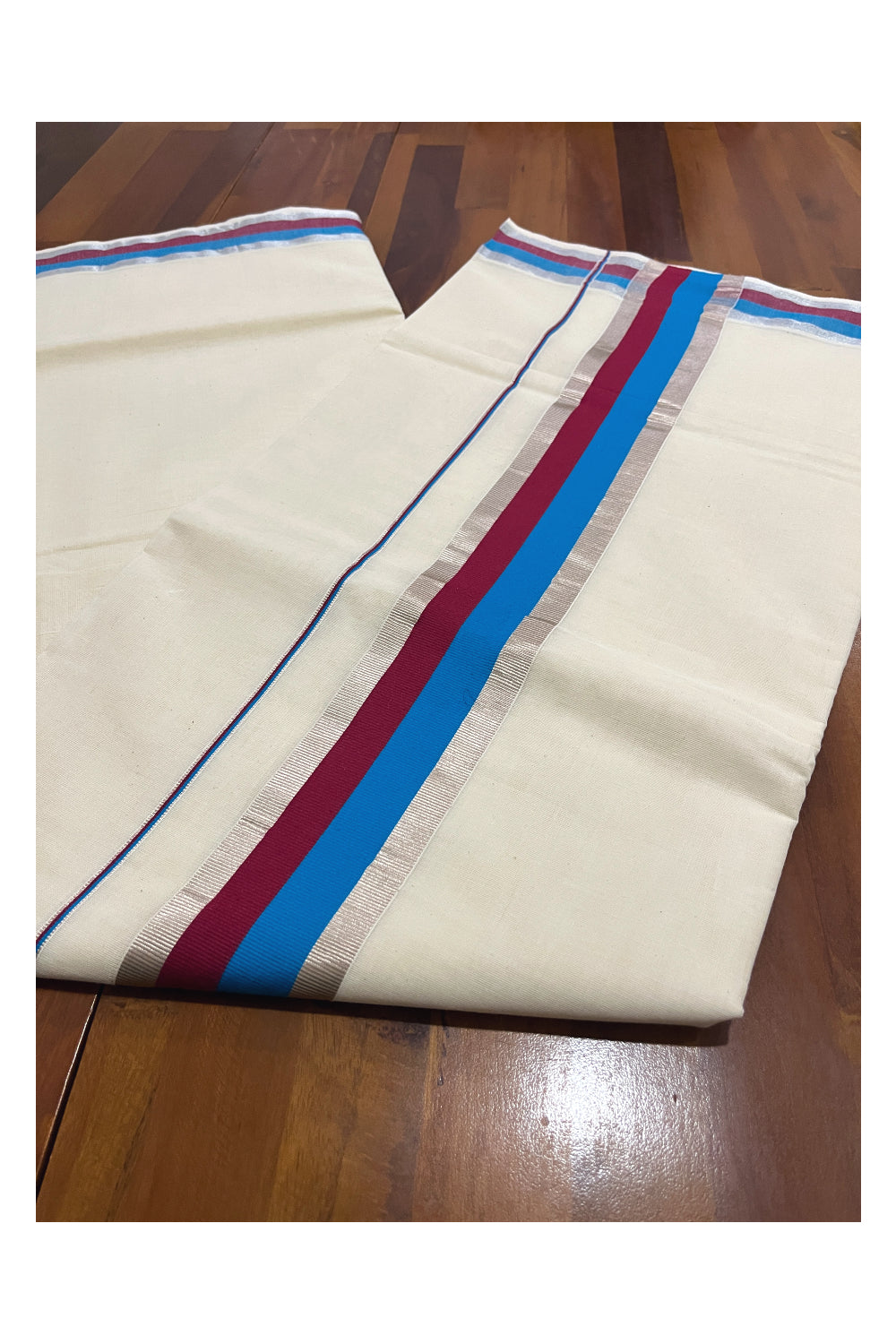 Kerala Pure Cotton Plain Saree with Silver Kasavu Blue and Maroon Border