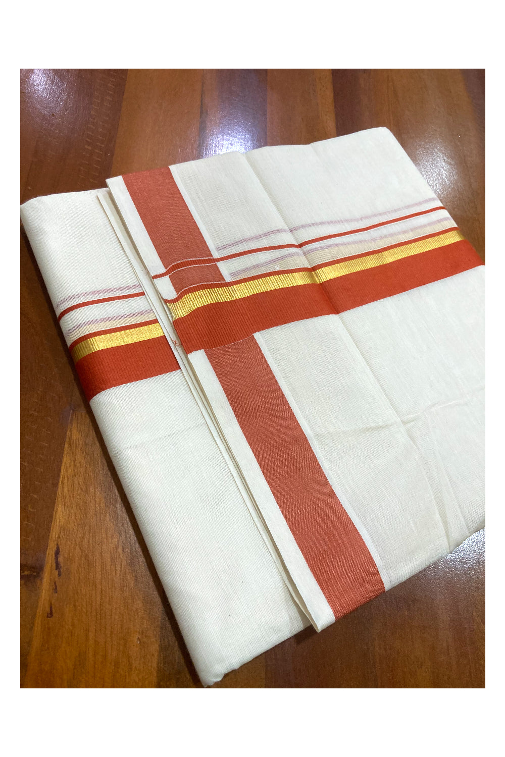 Pure Cotton Double Mundu with Orange and Kasavu Border (South Indian Dhoti)