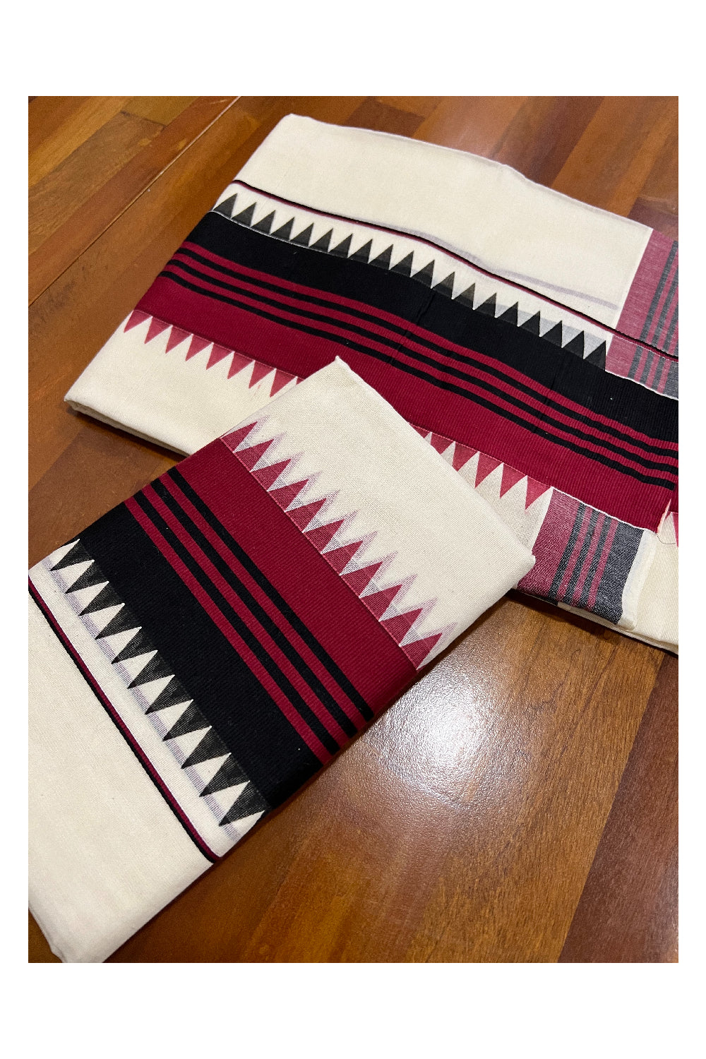 Pure Cotton Set Mundu (Mundum Neriyathum) with Maroon and Black Temple Block Prints on Border