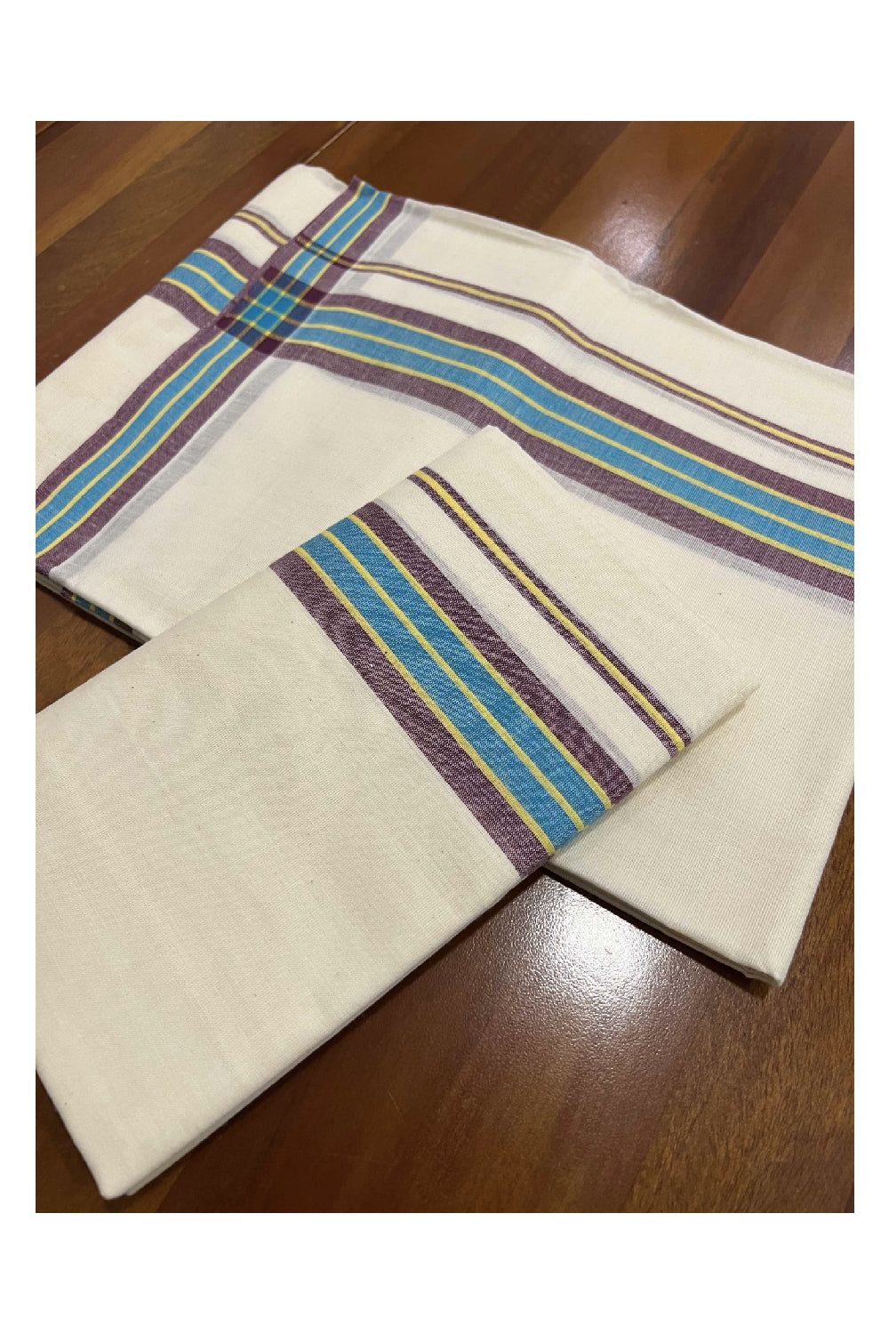 Kerala Cotton Mundum Neriyathum Single (Set Mundu) with Maroon and Blue Mulloth Border (Extra Soft Cotton)