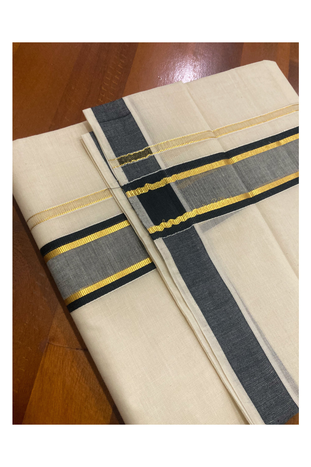 Pure Cotton Kerala Double Mundu with Kasavu and Black Border (South Indian Dhoti)