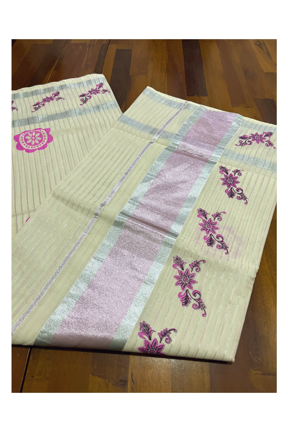 Pure Cotton Kerala Saree with Silver Lines Design on Body and Pink Floral Block Prints