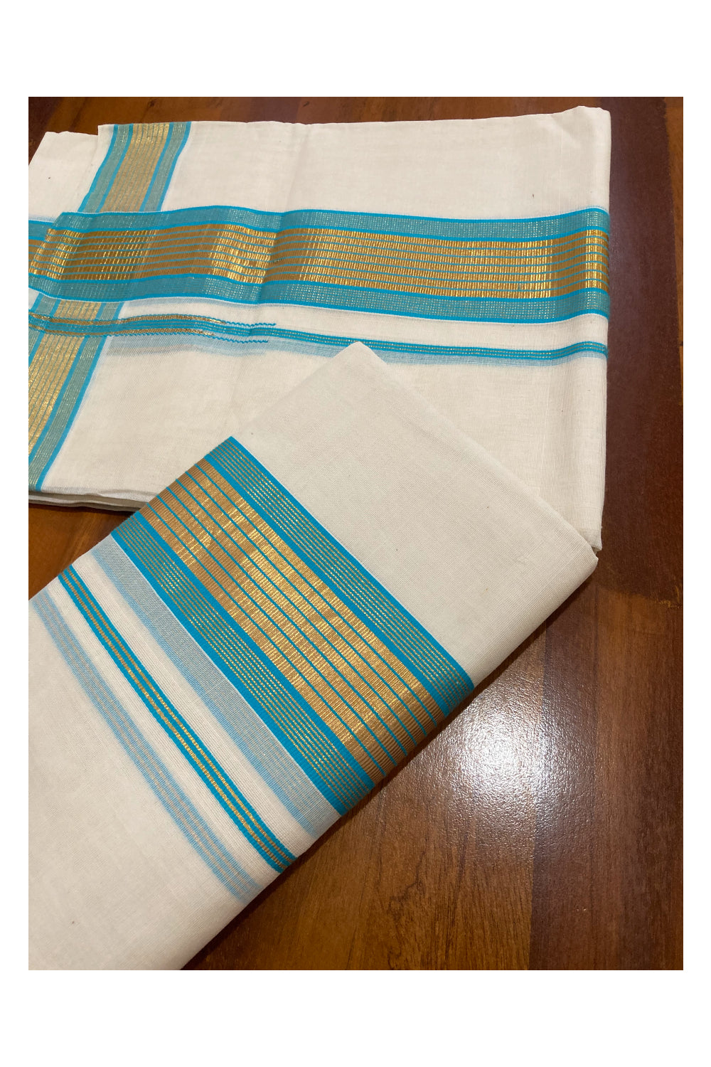 Southloom Premium Handloom Set Mundu with Kasavu and Turquoise Border 2.80 Mtrs