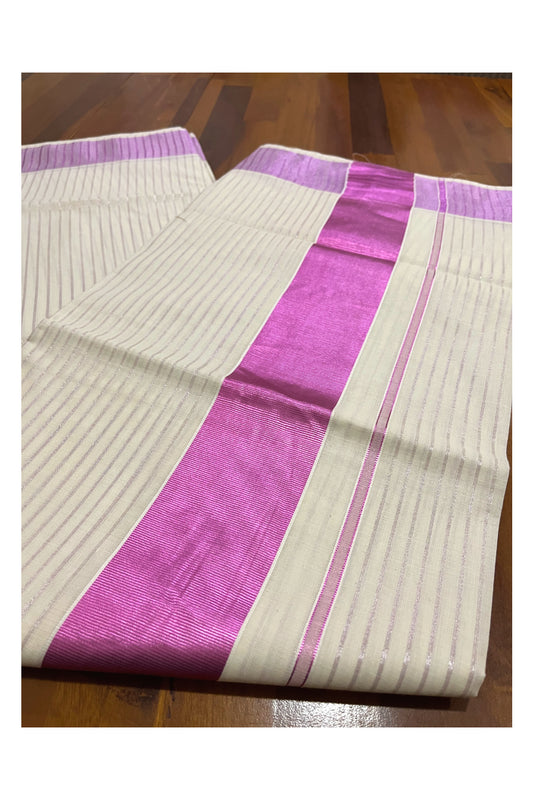 Kerala Pure Cotton Pink Kasavu Lines Saree with 3 inch Border