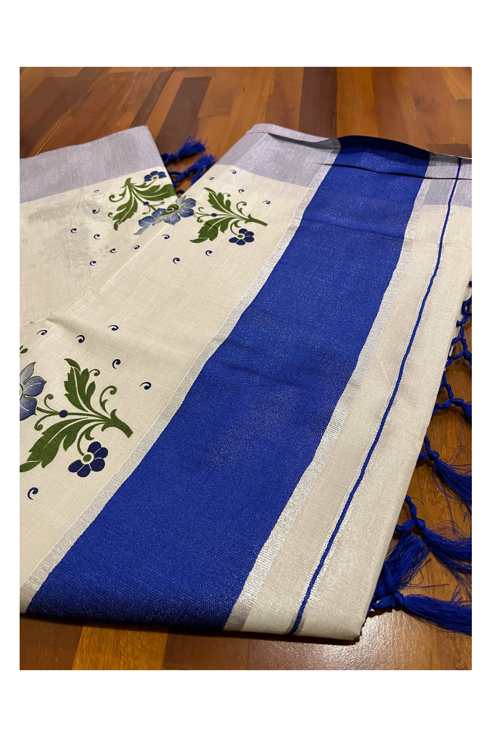 Kerala Tissue Kasavu Saree with Blue Green Mural Floral Design and Tassels on Pallu