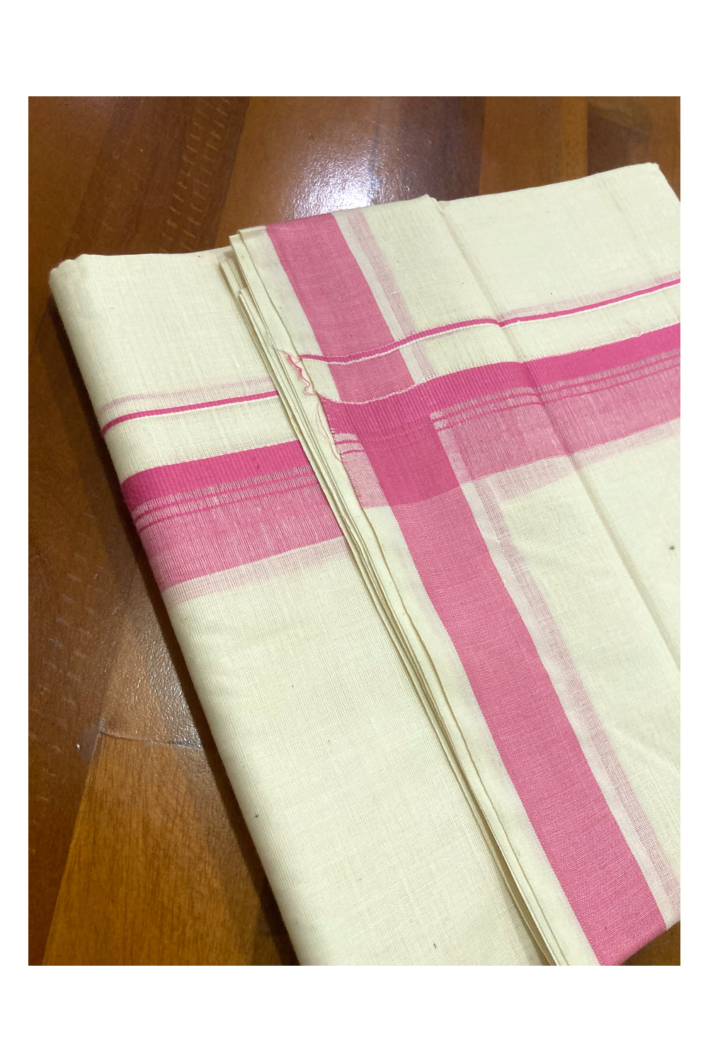 Off White Pure Cotton Double Mundu with Pink Border (South Indian Dhoti)