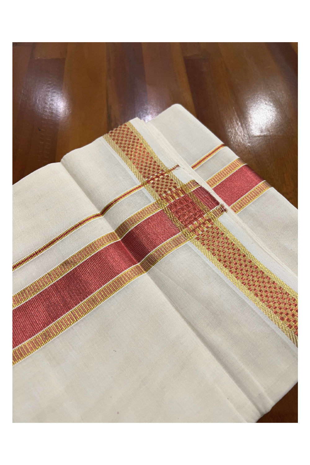 Southloom Kuthampully Handloom Pure Cotton Mundu with Golden and Copper Red Kasavu Border (South Indian Dhoti)