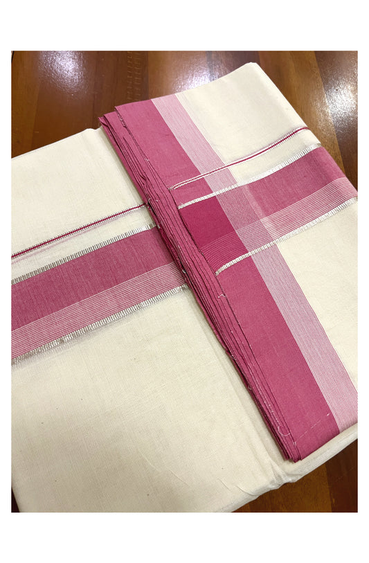 Pure Cotton Off White 100x100 Double Mundu with Silver Kasavu and Red Line Border (South Indian Dhoti)