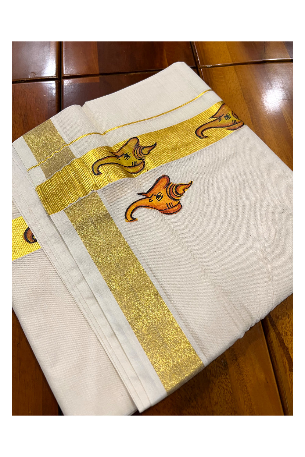 Pure Cotton Kasavu Mundu with Mural Hand Painted Design (South Indian Kerala Dhoti)