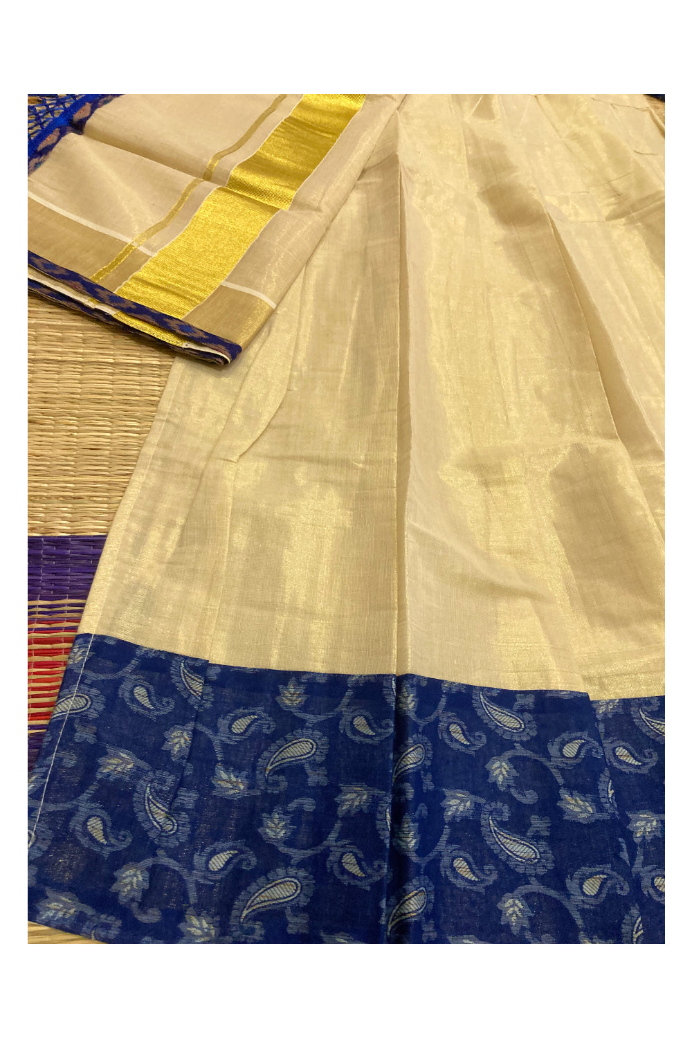 Semi Stitched Dhavani Set with Tissue Pavada and Blue Designer Blouse Piece