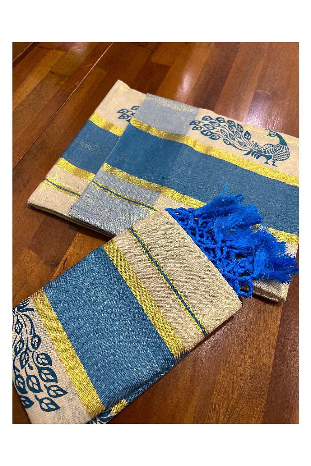 Kerala Tissue Kasavu Set Mundu (Mundum Neriyathum) with Blue Peacock Block Prints and Tassels Border