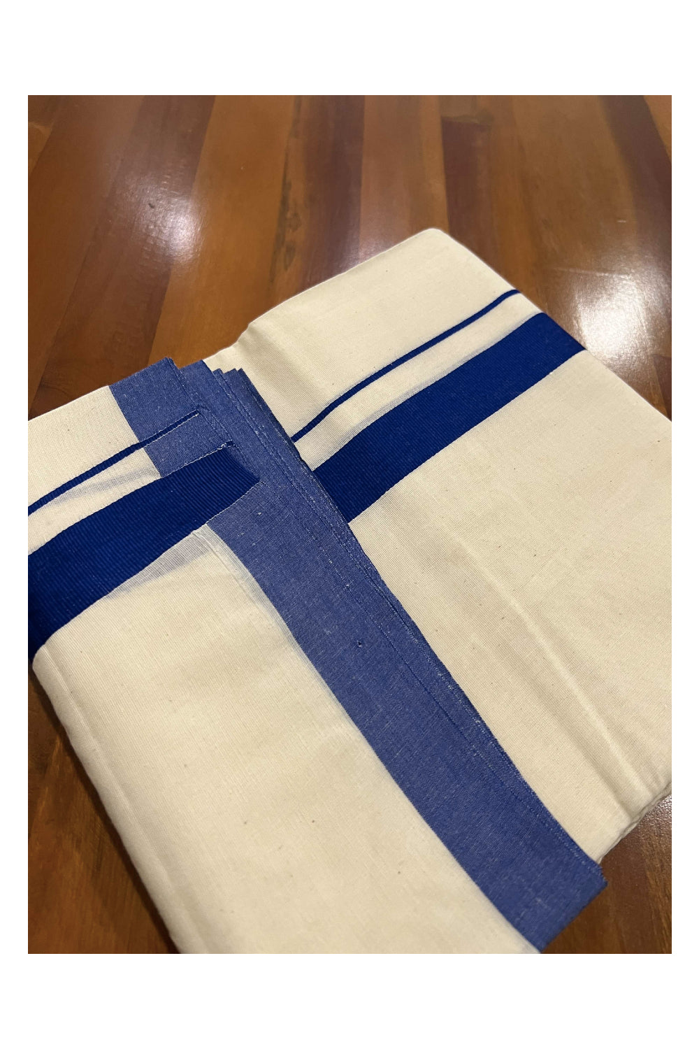 Off White Pure Cotton Double Mundu with Dark Blue Kara (South Indian Dhoti)