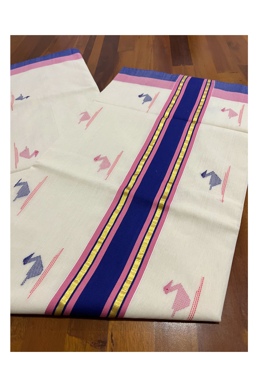 Southloom Premium Unakkupaavu Handloom Butta Works Kasavu Saree with Blue and Pink Border