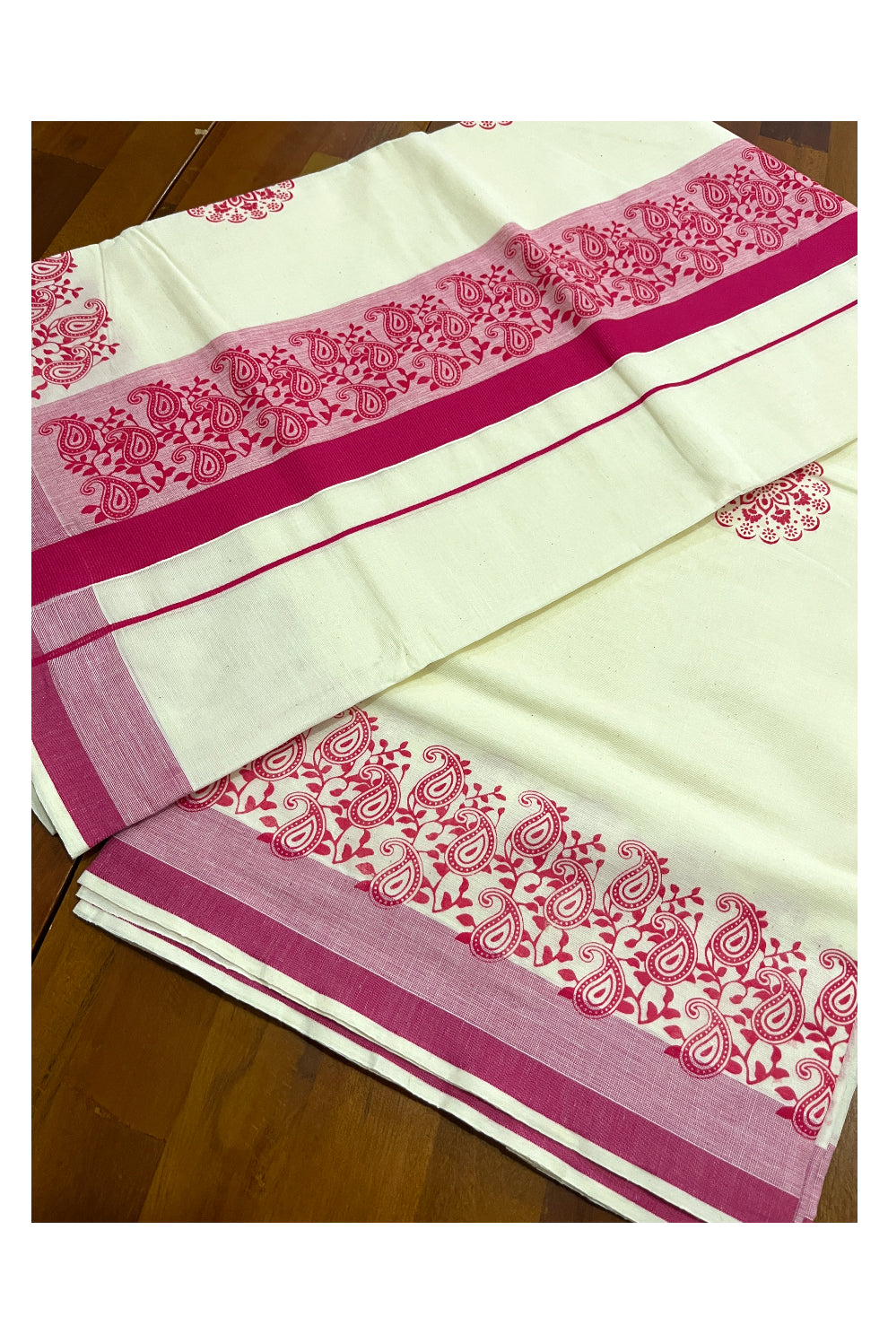 Pure Cotton Off White Kerala Saree with Pink Paisley Block Prints on Border