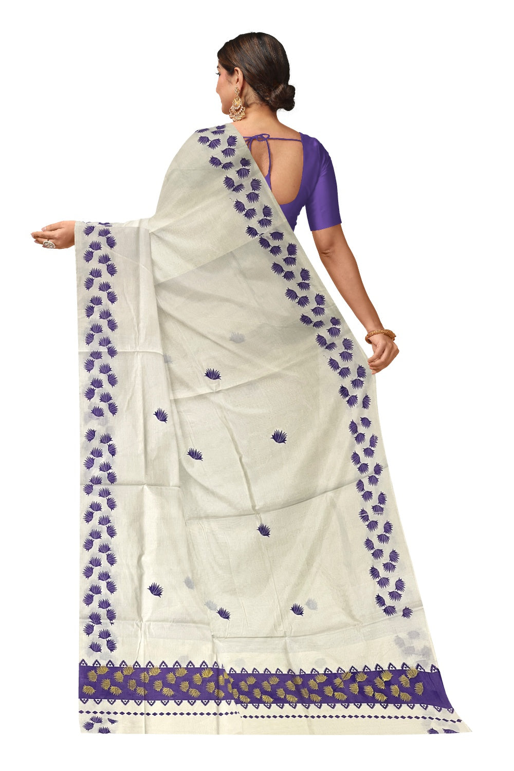 Pure Cotton Kerala Saree with Violet Floral Block Printed Border and Pallu