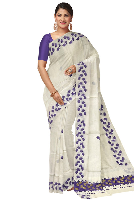 Pure Cotton Kerala Saree with Violet Floral Block Printed Border and Pallu