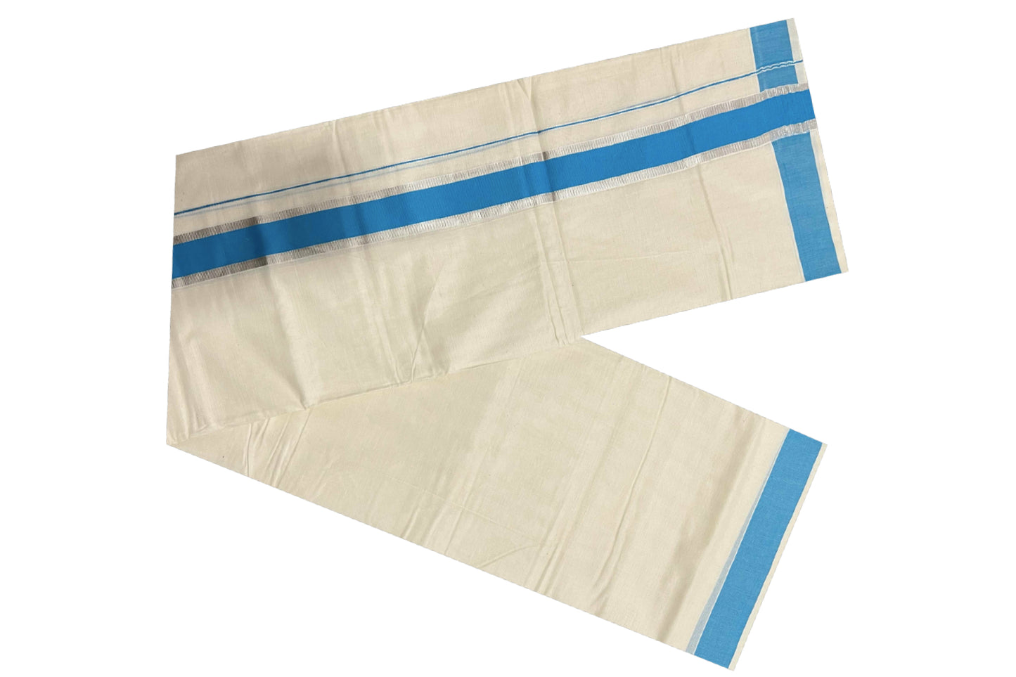 Off White Kerala Double Mundu with Silver Kasavu and Light Blue Border (South Indian Dhoti)