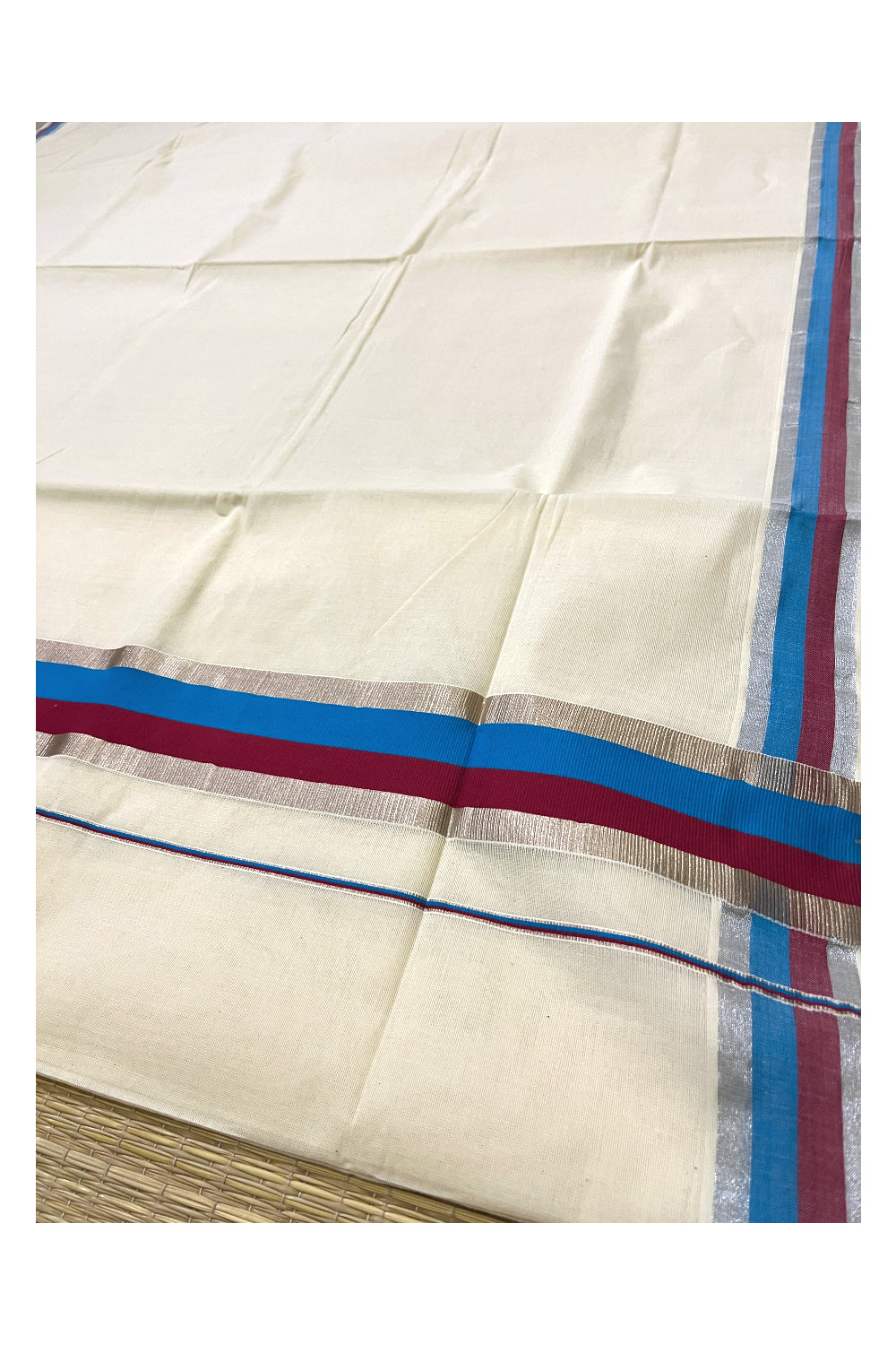 Kerala Pure Cotton Plain Saree with Silver Kasavu Blue and Maroon Border