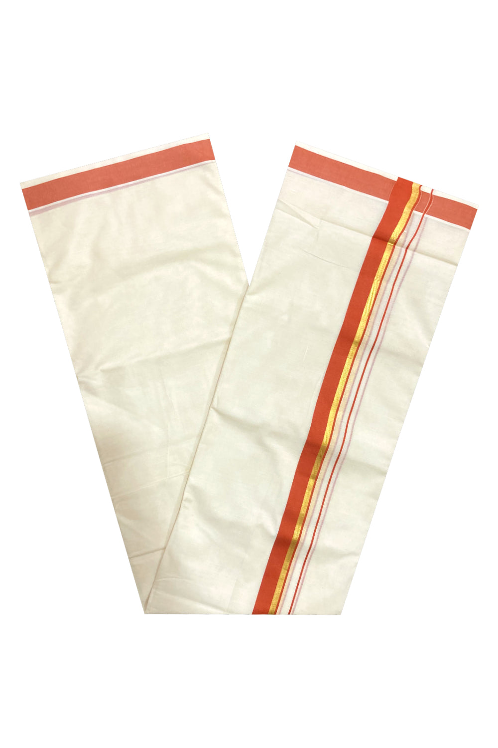 Pure Cotton Double Mundu with Orange and Kasavu Border (South Indian Dhoti)