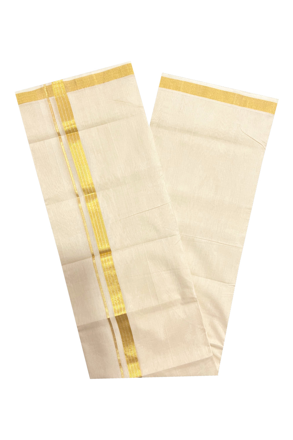 Southloom Super Premium Unakkupaavu Handloom Double Mundu with Silver Lines on Golden Kasavu Border