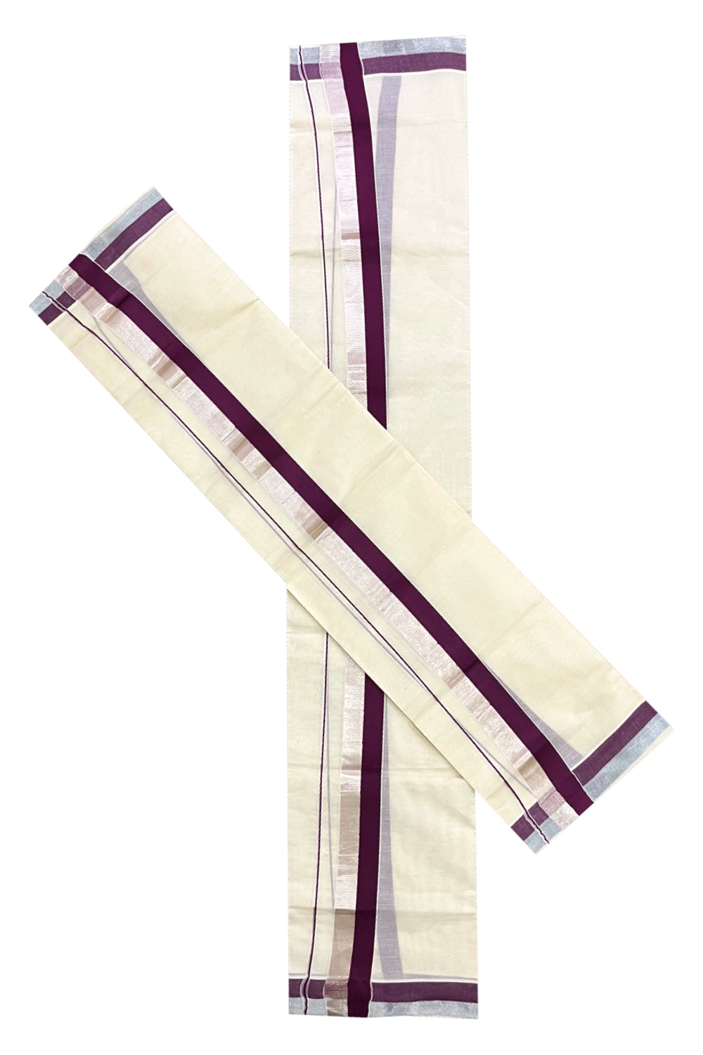 Pure Cotton Kerala Single Set Mundu (Mundum Neriyathum) with Purple and Silver Kasavu Border 2.80 Mtrs