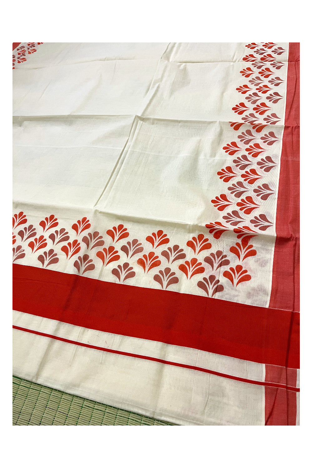 Pure Cotton Off White Kerala Saree with Orange Block Prints in Orange Border