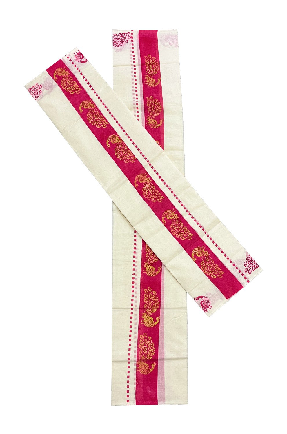 Kerala Cotton Set Mundu (Mundum Neriyathum) with Golden Peacock Block Prints on Magenta Border 2.80 Mtrs