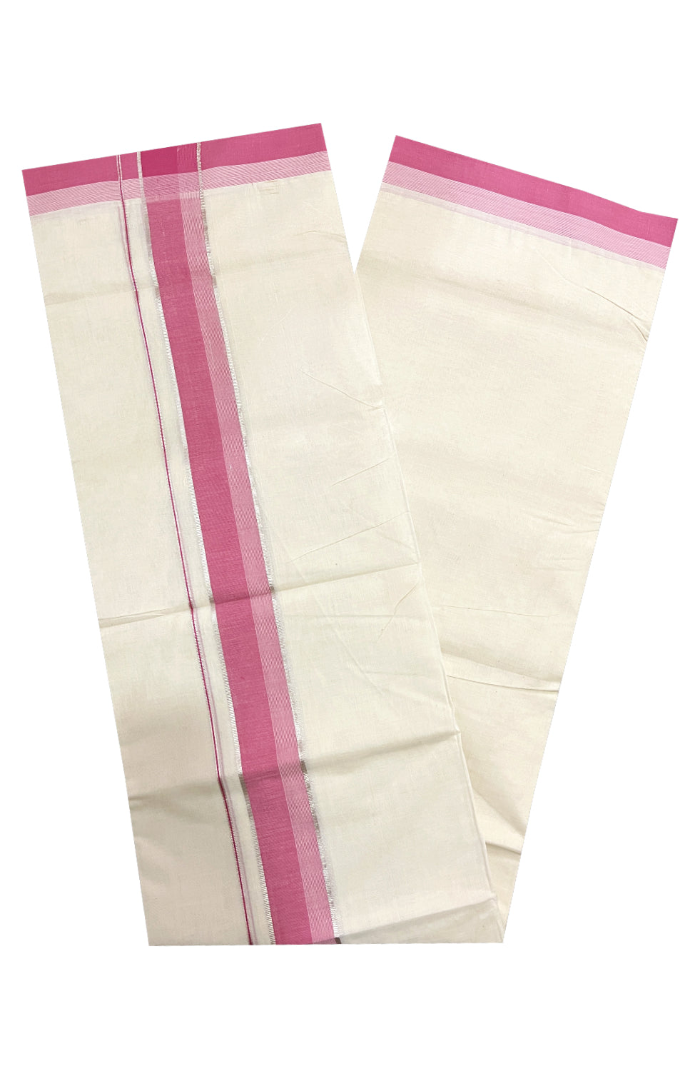 Pure Cotton Off White 100x100 Double Mundu with Silver Kasavu and Red Line Border (South Indian Dhoti)