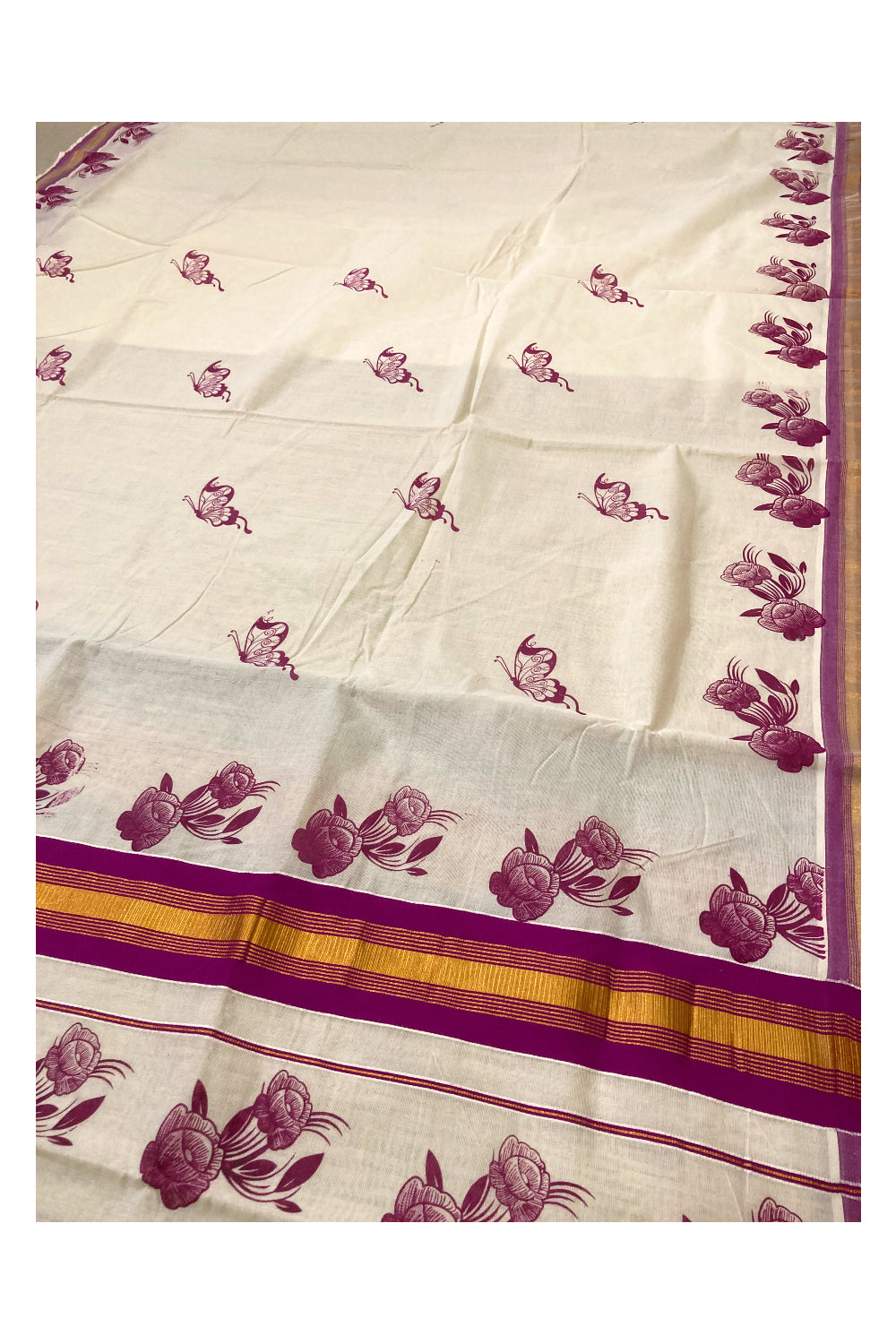 Pure Cotton Kerala Saree with Magenta Floral Block Printed Design and Kasavu Border