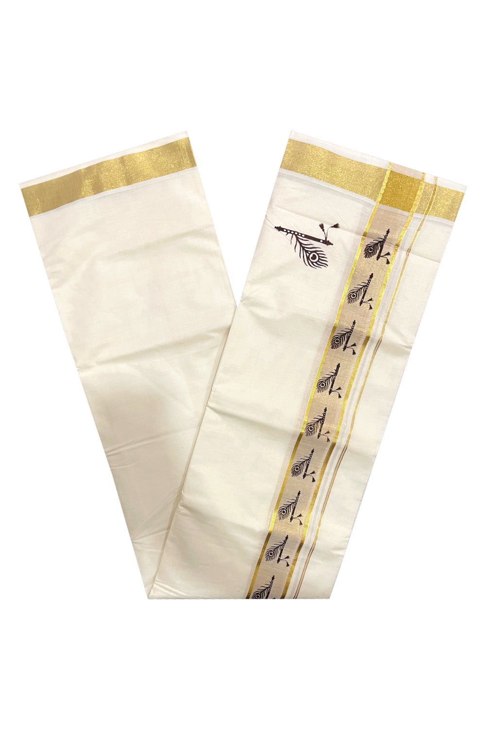 Pure Cotton Off White Double Mundu with Brown Block Prints on Kasavu Kara (South Indian Dhoti)