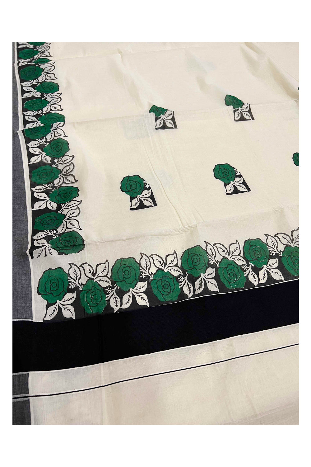 Pure Cotton Kerala Saree with Black and Green Floral Block Printed Border