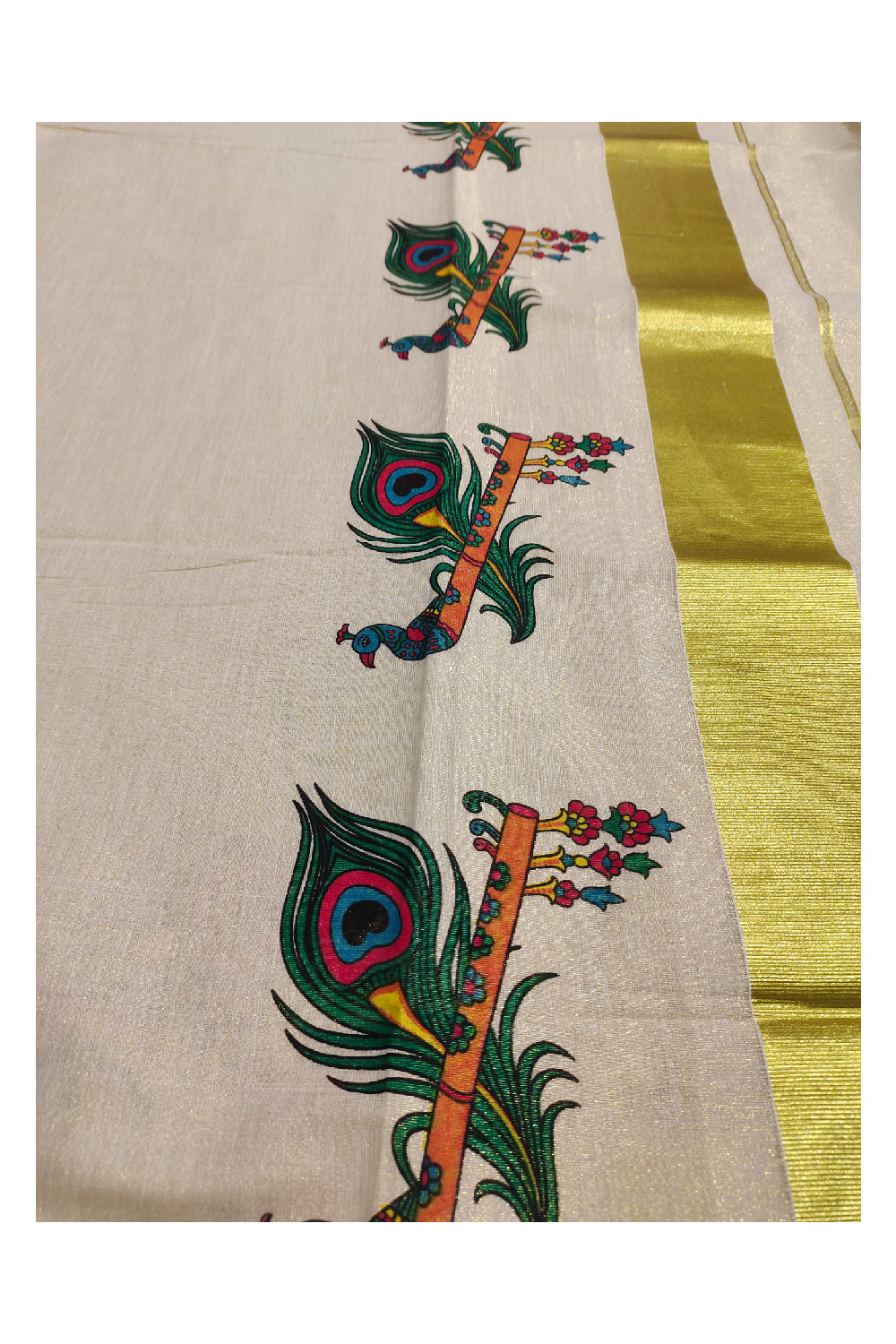 Kerala Tissue Kasavu Onam Saree With Mural Peacock Feather and Flute Design